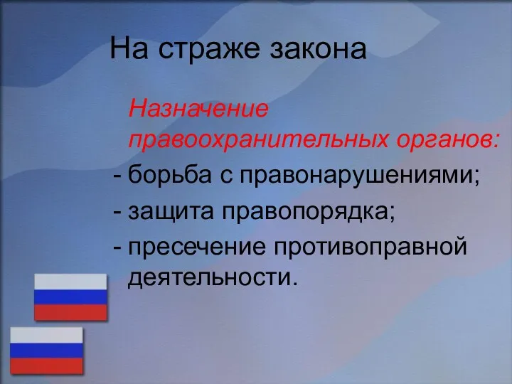 На страже закона Назначение правоохранительных органов: борьба с правонарушениями; защита правопорядка; пресечение противоправной деятельности.