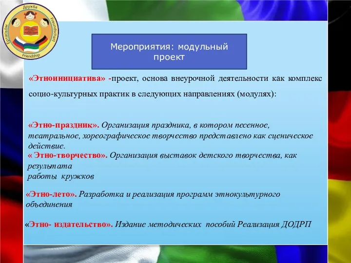 «Этноинициатива» -проект, основа внеурочной деятельности как комплекс социо-культурных практик в следующих направлениях (модулях):