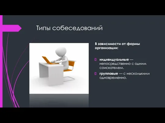 Типы собеседований В зависимости от формы организации: индивидуальные — непосредственно