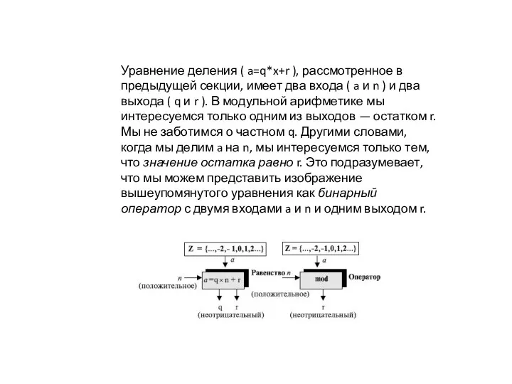 Уравнение деления ( a=q*x+r ), рассмотренное в предыдущей секции, имеет