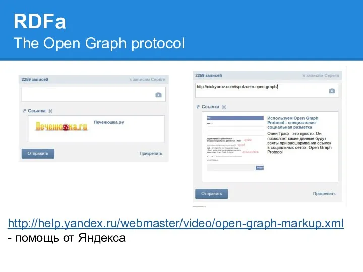 RDFa http://help.yandex.ru/webmaster/video/open-graph-markup.xml - помощь от Яндекса The Open Graph protocol