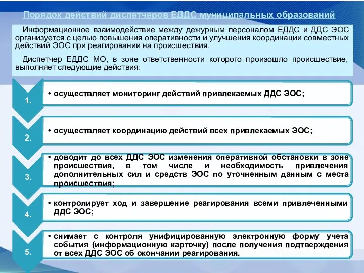 Информационное взаимодействие между дежурным персоналом ЕДДС и ДДС ЭОС организуется