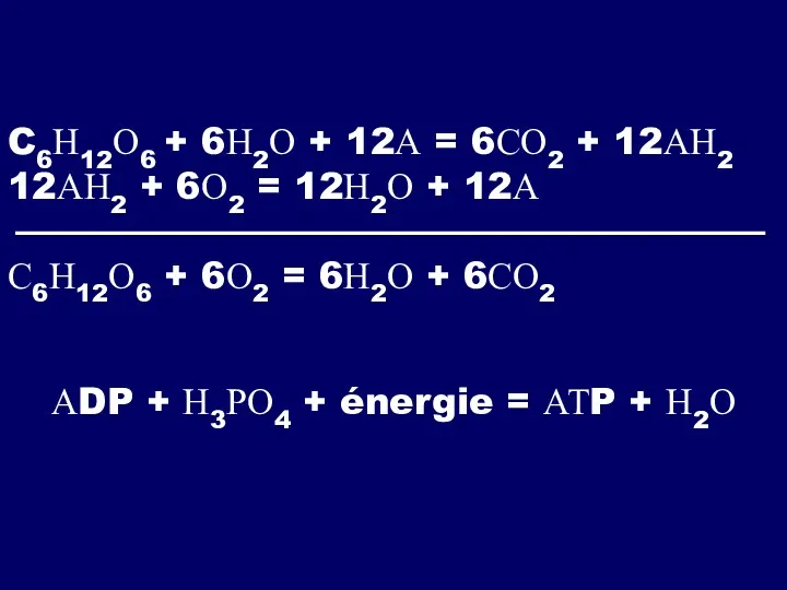 C6Н12О6 + 6Н2О + 12А = 6СО2 + 12АН2 12АН2