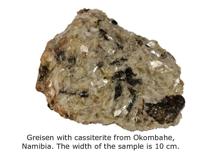 Greisen with cassiterite from Okombahe, Namibia. The width of the sample is 10 cm.