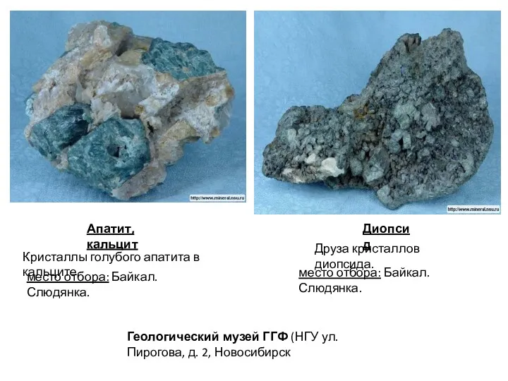Апатит, кальцит Кристаллы голубого апатита в кальците. место отбора: Байкал.