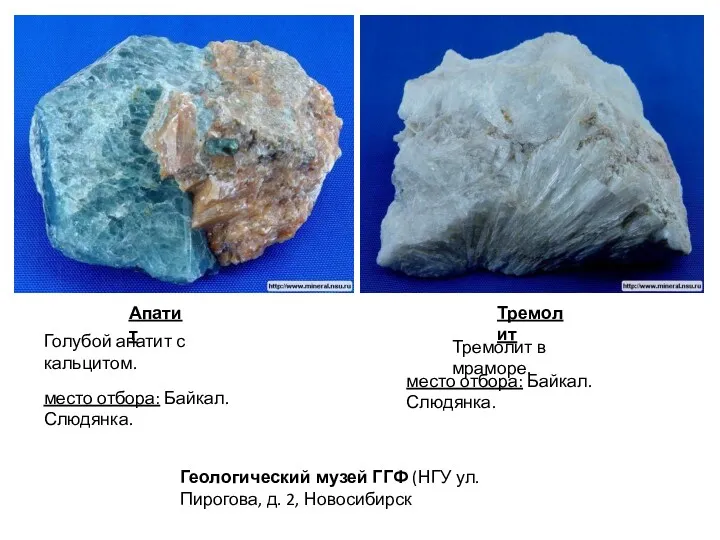 Апатит Голубой апатит с кальцитом. место отбора: Байкал. Слюдянка. Тремолит