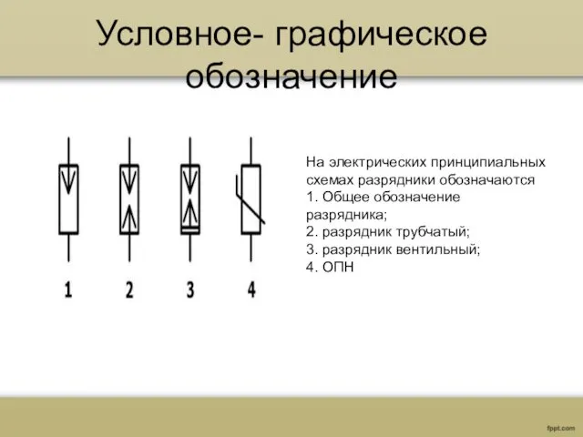 Условное- графическое обозначение На электрических принципиальных схемах разрядники обозначаются 1.