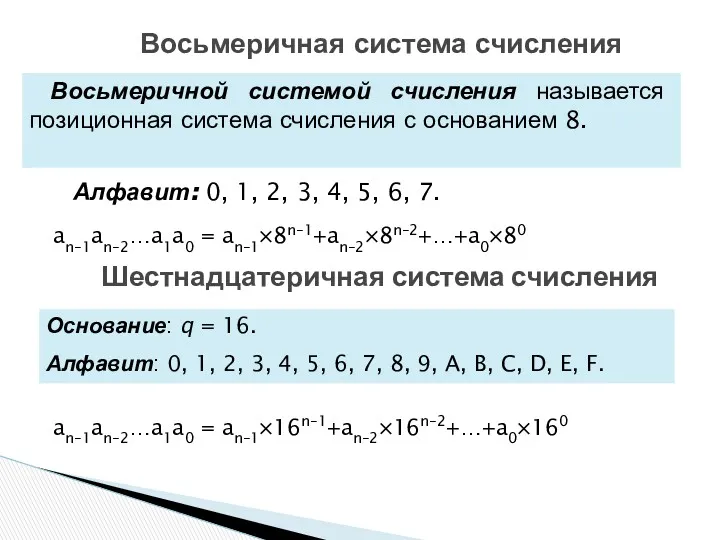 an–1an–2…a1a0 = an–1×8n–1+an–2×8n–2+…+a0×80 Восьмеричная система счисления Восьмеричной системой счисления называется