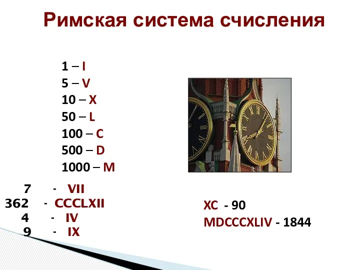 Римская система счисления 1 – I 5 – V 10