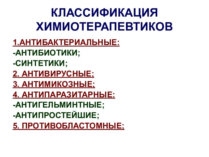 КЛАССИФИКАЦИЯ ХИМИОТЕРАПЕВТИКОВ 1.АНТИБАКТЕРИАЛЬНЫЕ: -АНТИБИОТИКИ; -СИНТЕТИКИ; 2. АНТИВИРУСНЫЕ; 3. АНТИМИКОЗНЫЕ; 4. АНТИПАРАЗИТАРНЫЕ: -АНТИГЕЛЬМИНТНЫЕ; -АНТИПРОСТЕЙШИЕ; 5. ПРОТИВОБЛАСТОМНЫЕ;