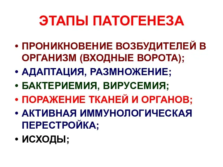 ЭТАПЫ ПАТОГЕНЕЗА ПРОНИКНОВЕНИЕ ВОЗБУДИТЕЛЕЙ В ОРГАНИЗМ (ВХОДНЫЕ ВОРОТА); АДАПТАЦИЯ, РАЗМНОЖЕНИЕ;