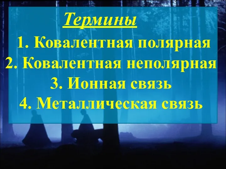 Термины 1. Ковалентная полярная 2. Ковалентная неполярная 3. Ионная связь 4. Металлическая связь