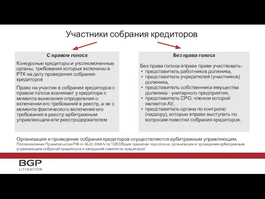 Участники собрания кредиторов С правом голоса Конкурсные кредиторы и уполномоченные