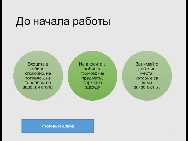 До начала работы Входите в кабинет спокойно, не толкаясь, не