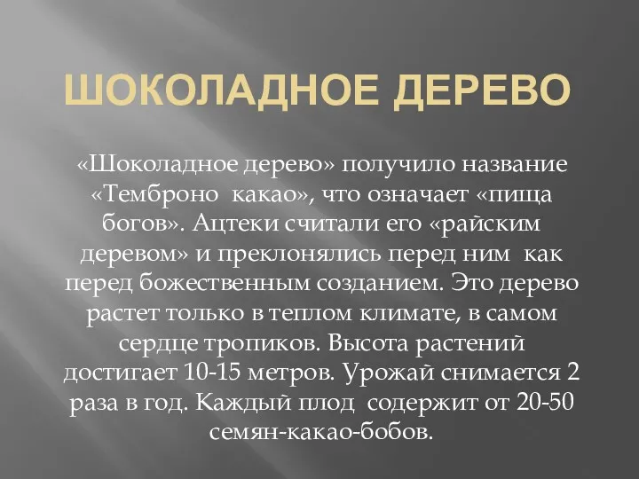 ШОКОЛАДНОЕ ДЕРЕВО «Шоколадное дерево» получило название «Темброно какао», что означает