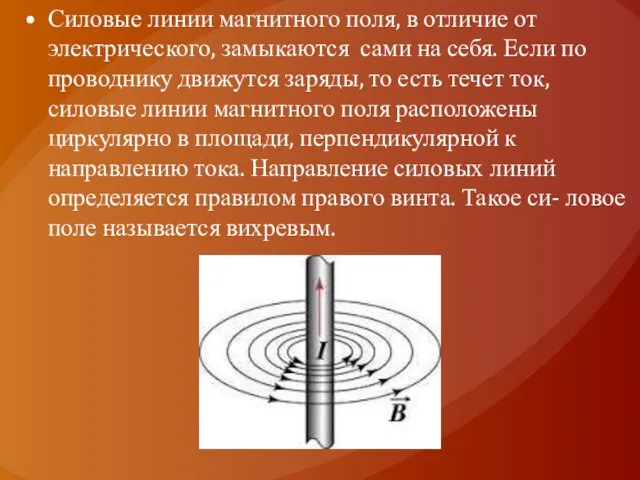 Силовые линии магнитного поля, в отличие от электрического, замыкаются сами