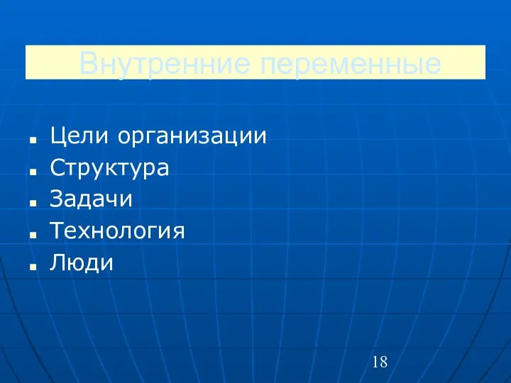 Внутренние переменные Цели организации Структура Задачи Технология Люди