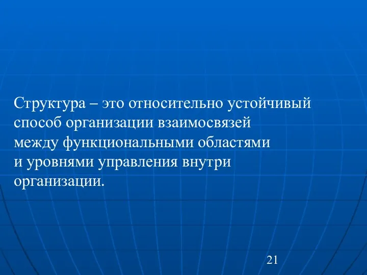 Структура – это относительно устойчивый способ организации взаимосвязей между функциональными областями и уровнями управления внутри организации.