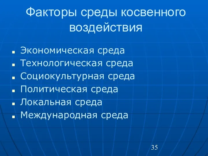 Факторы среды косвенного воздействия Экономическая среда Технологическая среда Социокультурная среда Политическая среда Локальная среда Международная среда