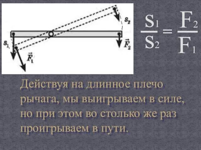 s1 s2 = F2 F1 Действуя на длинное плечо рычага,