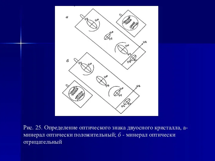 Рис. 25. Определение оптического знака двуосного кристалла, а-минерал оптически положительный; б - минерал оптически отрицательный.