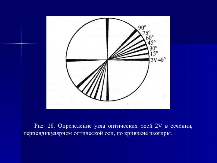 Рис. 28. Определение угла оптических осей 2V в сечении, перпендикулярном оптической оси, по кривизне изогиры.
