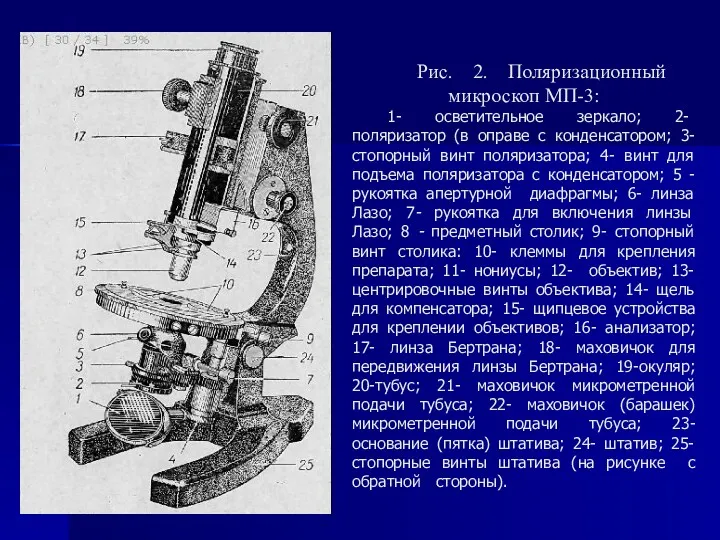 Рис. 2. Поляризационный микроскоп МП-3: 1- осветительное зеркало; 2- поляризатор