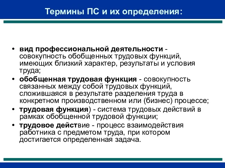 Термины ПС и их определения: вид профессиональной деятельности - совокупность