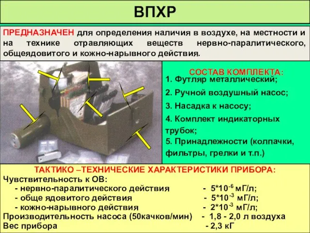 ТАКТИКО –ТЕХНИЧЕСКИЕ ХАРАКТЕРИСТИКИ ПРИБОРА: Чувствительность к ОВ: - нервно-паралитического действия