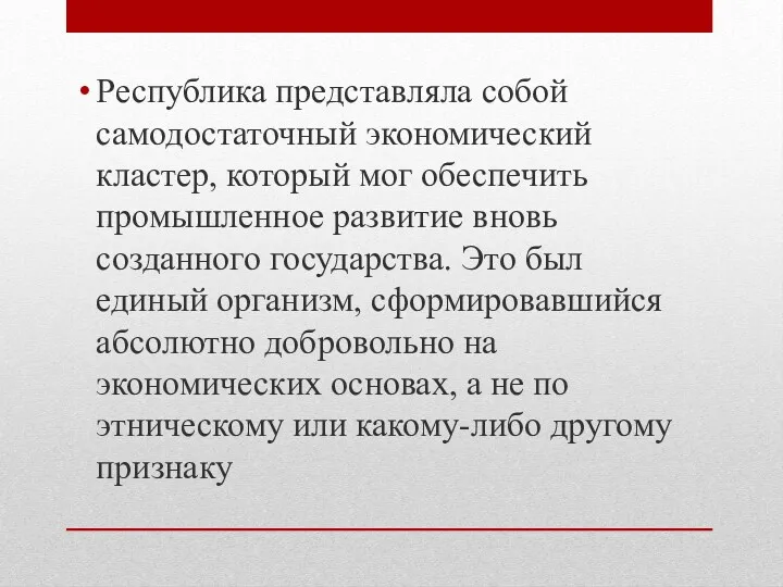 Республика представляла собой самодостаточный экономический кластер, который мог обеспечить промышленное