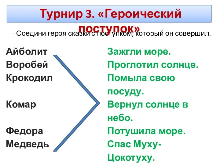 - Соедини героя сказки с поступком, который он совершил. Турнир 3. «Героический поступок»