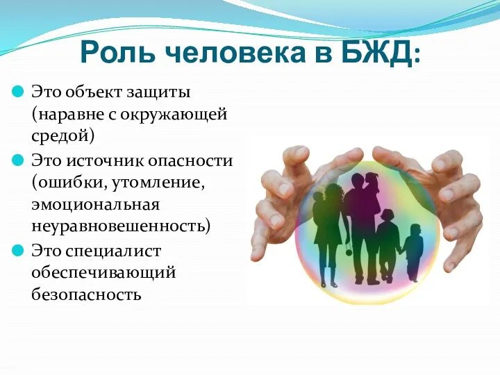 Роль человека в БЖД: Это объект защиты (наравне с окружающей