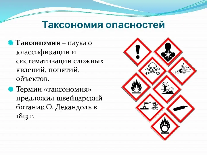 Таксономия опасностей Таксономия – наука о классификации и систематизации сложных