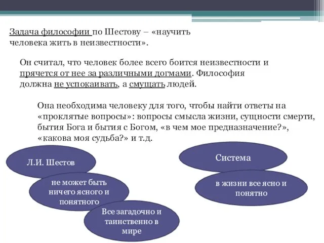 Задача философии по Шестову – «научить человека жить в неизвестности».