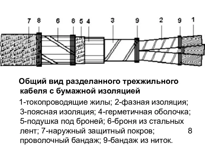 Общий вид разделанного трехжильного кабеля с бумажной изоляцией 1-токопроводящие жилы;