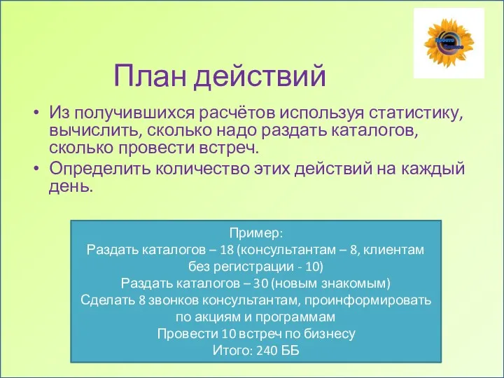 План действий Из получившихся расчётов используя статистику, вычислить, сколько надо