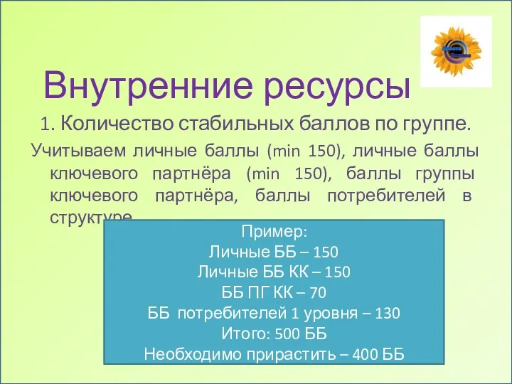 Внутренние ресурсы 1. Количество стабильных баллов по группе. Учитываем личные