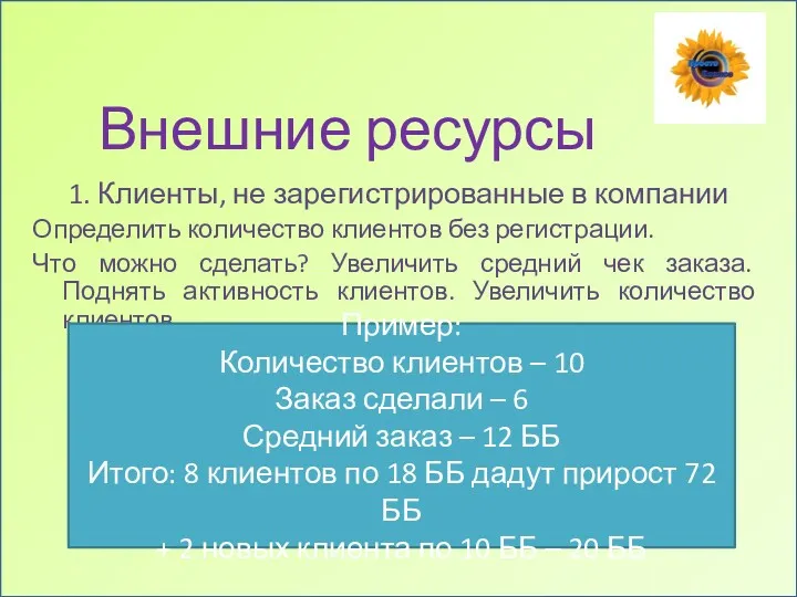 Внешние ресурсы 1. Клиенты, не зарегистрированные в компании Определить количество