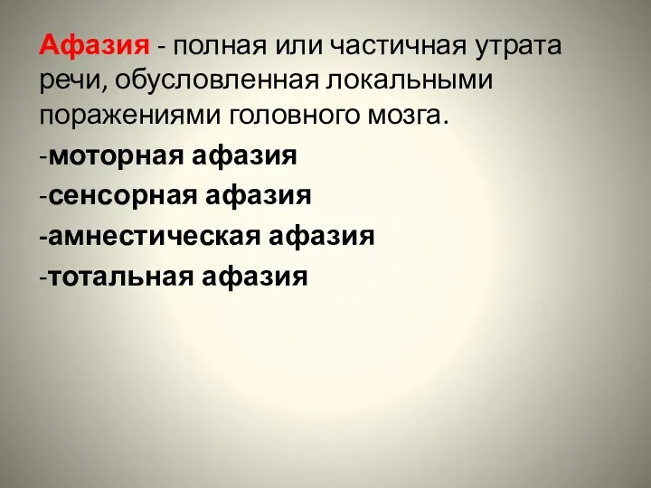 Афазия - полная или частичная утрата речи, обусловленная локальными поражениями