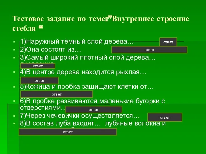 Тестовое задание по теме:”Внутреннее строение стебля “ 1)Наружный тёмный слой