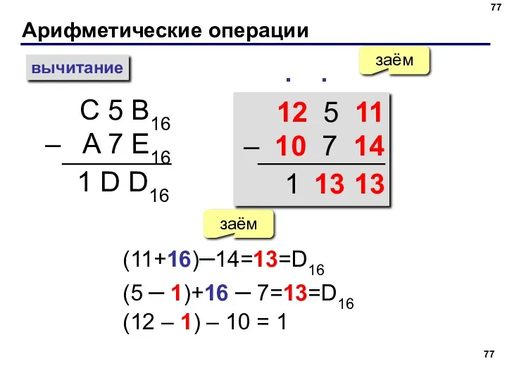 Арифметические операции вычитание С 5 B16 – A 7 E16