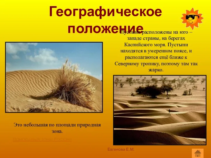 Географическое положение Евгенова Е.М. Природные зоны России Пустыни расположены на