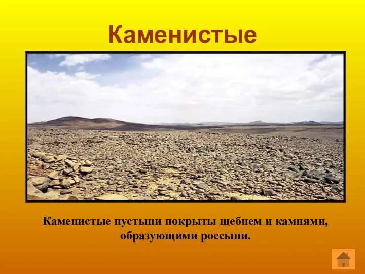 Каменистые Каменистые пустыни покрыты щебнем и камнями, образующими россыпи.