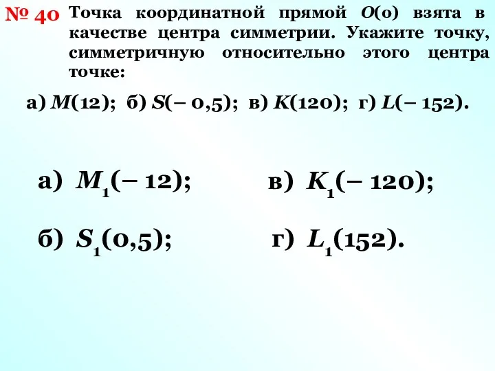 Точка координатной прямой О(о) взята в качестве центра симметрии. Укажите