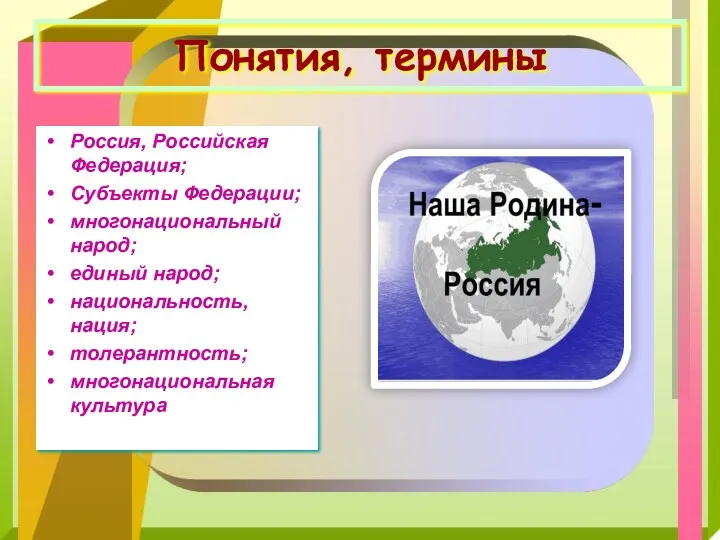 Понятия, термины Россия, Российская Федерация; Субъекты Федерации; многонациональный народ; единый народ; национальность, нация; толерантность; многонациональная культура