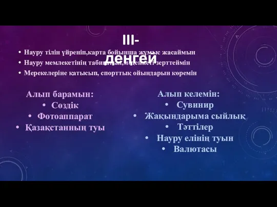 Науру тілін үйреніп,карта бойынша жұмыс жасаймын Науру мемлекетінің табиғатын,мәдениеті зерттеймін Мерекелеріне қатысып, спорттық