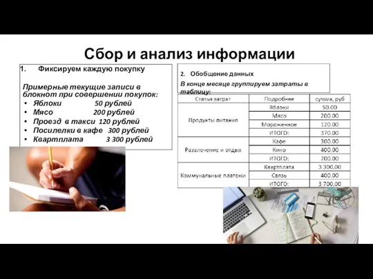 Сбор и анализ информации Фиксируем каждую покупку Примерные текущие записи в блокнот при