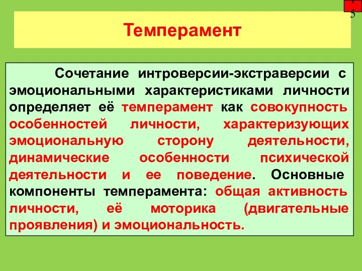 Темперамент 15 Сочетание интроверсии-экстраверсии с эмоциональными характеристиками личности определяет её