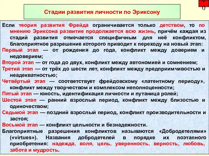 20 Стадии развития личности по Эриксону Если теория развития Фрейда