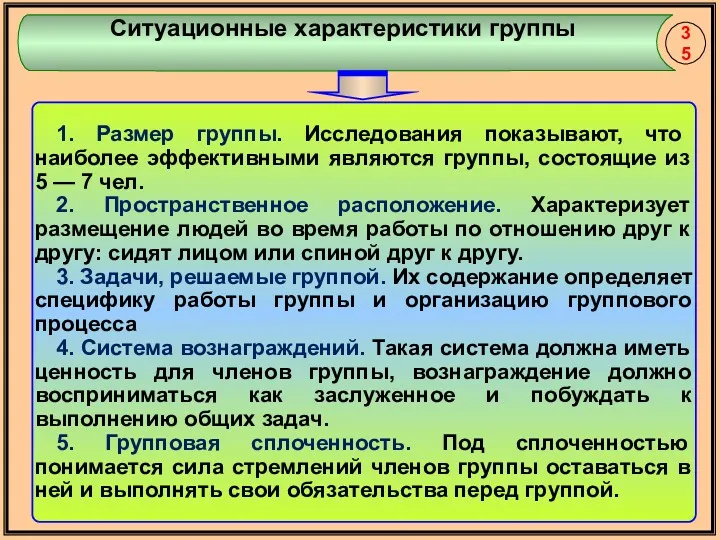 Ситуационные характеристики группы 1. Размер группы. Исследования показывают, что наиболее